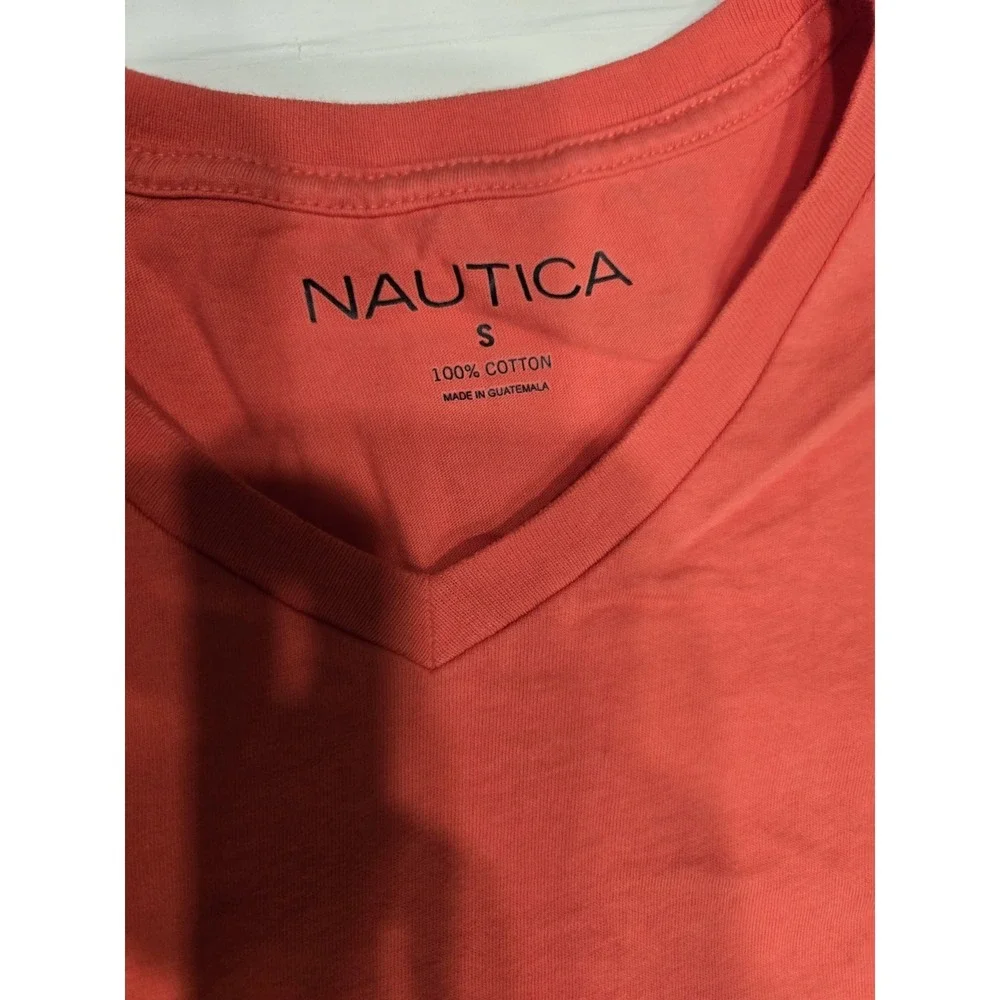 Nautica Men's V-Neck T-Shirt‎ - Small Coral Pink Short Sleeve Cotton